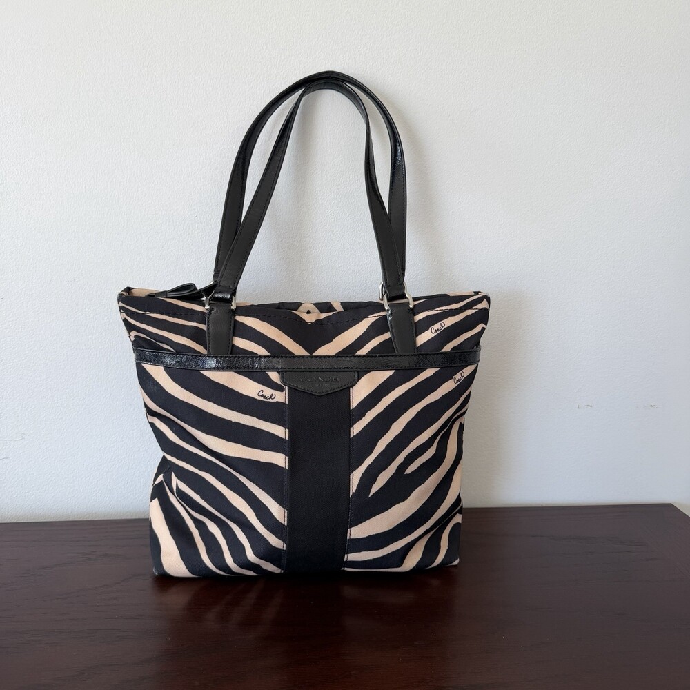 Coach Zebra Print Canvas Tote Bag Black and Tan GUC